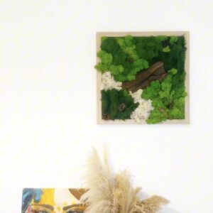 Vue d’ensemble d’un tableau végétal stabilisé accroché au mur, avec une composition harmonieuse de mousses colorées.