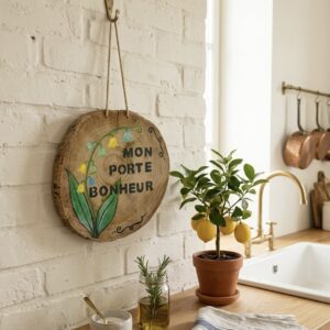 Suspension porte-bonheur en bois flotté avec muguet bleu décoratif, création artisanale pour le 1er mai faite main