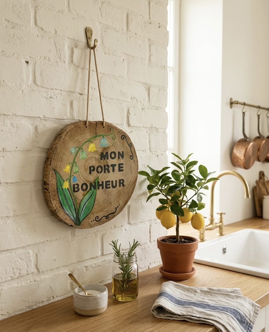 Suspension porte-bonheur en bois flotté avec muguet bleu décoratif, création artisanale pour le 1er mai faite main