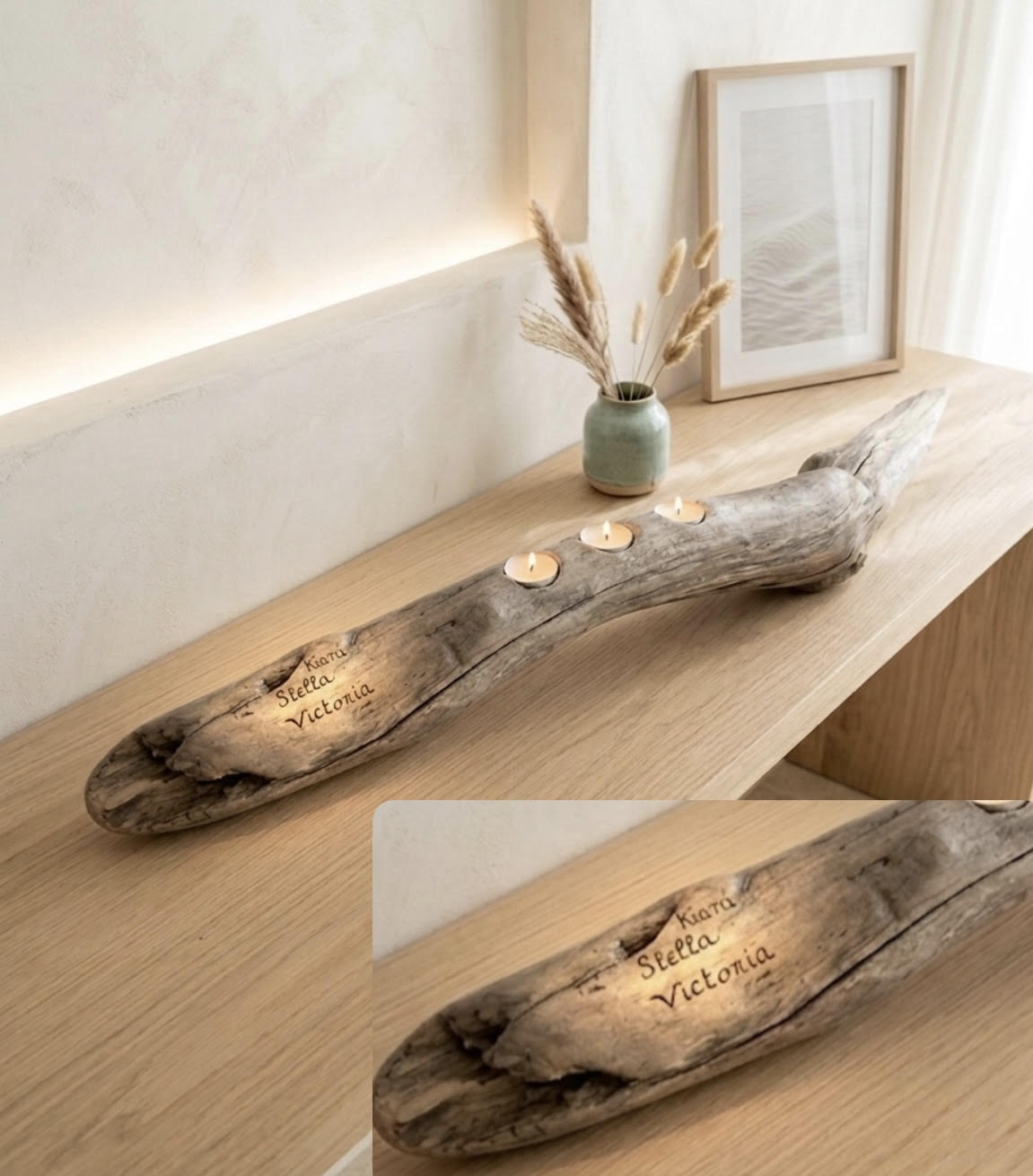 Bougeoir en bois flotté personnalisé avec gravure artisanale, idée cadeau unique et naturelle.