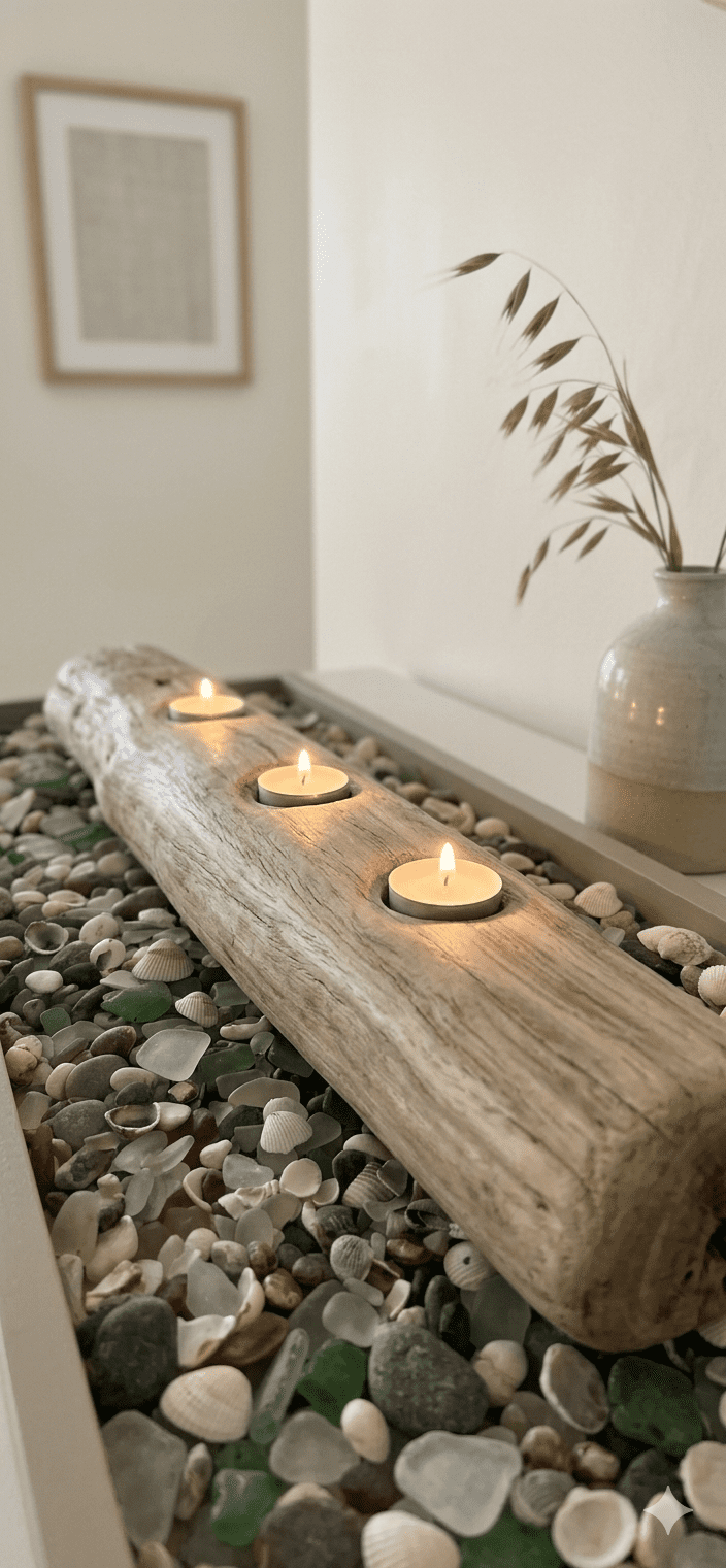 Bougeoir artisanal en bois flotté avec trois emplacements pour bougies, centre de table naturel pour décoration d'intérieur.