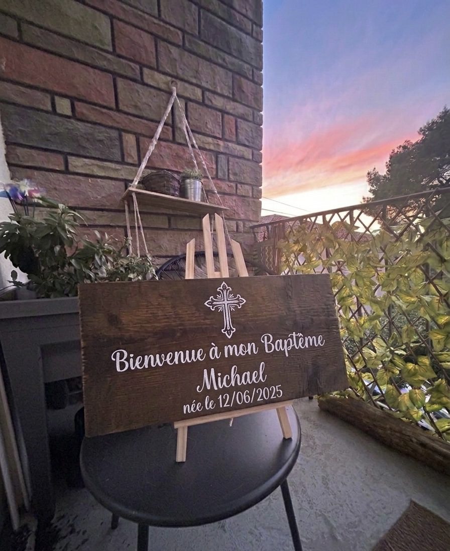 Panneau en bois personnalisé pour baptême décoration bohème et naturelle