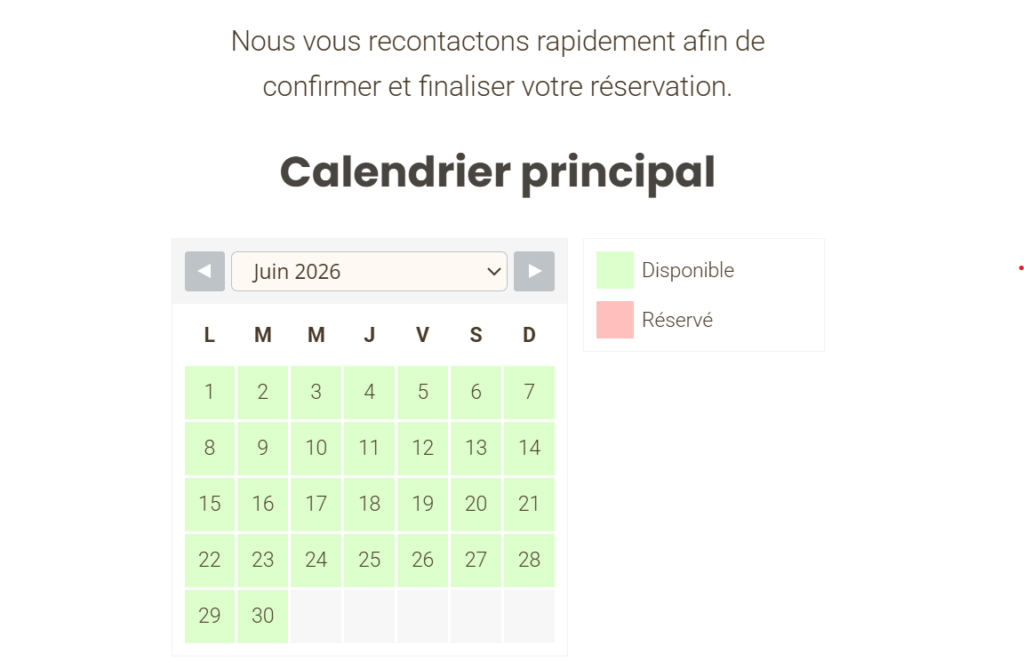 Capture d'écran d'un calendrier de réservation WordPress pour la gestion des locations en ligne, permettant de consulter les disponibilités et de réserver des créneaux.
