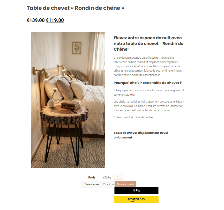 Capture d'écran d'une fiche produit d'un site e-commerce WordPress présentant un produit avec description, visuels et informations d'achat.