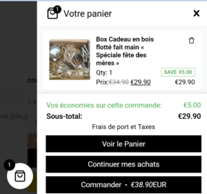 Capture d'écran du panier WooCommerce sur un site e-commerce WordPress, présentant les produits ajoutés, le total de la commande et les options de validation.