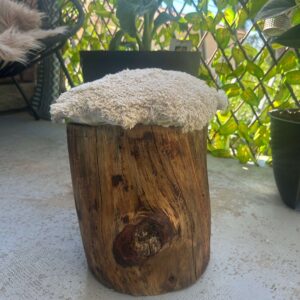 Tabouret artisanal en chêne massif avec assise, fabrication à la main en bois naturel.