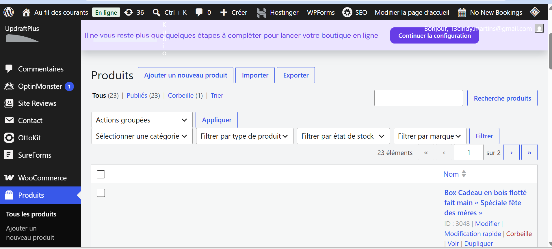 Capture d'écran de la plateforme Hostinger utilisée pour l'hébergement et la gestion d'un site web WordPress, incluant l'administration de l'hébergement et des services associés.