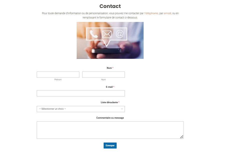 Capture d'écran d'un formulaire de contact WordPress permettant d'envoyer des demandes de renseignements, de devis ou de réservation pour un site e-commerce.